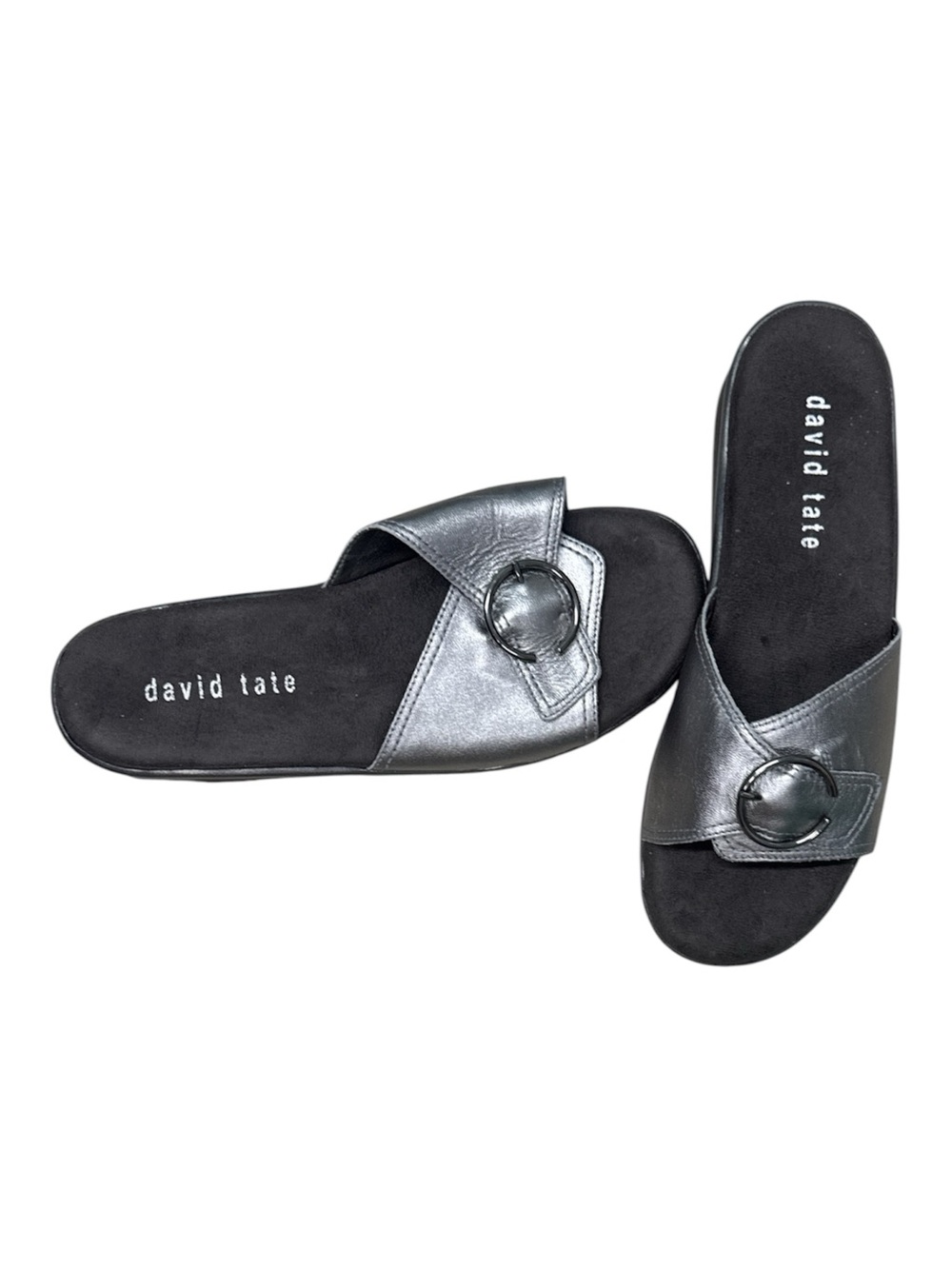 David Tate Silver Metallic Buckle Slide Sandals